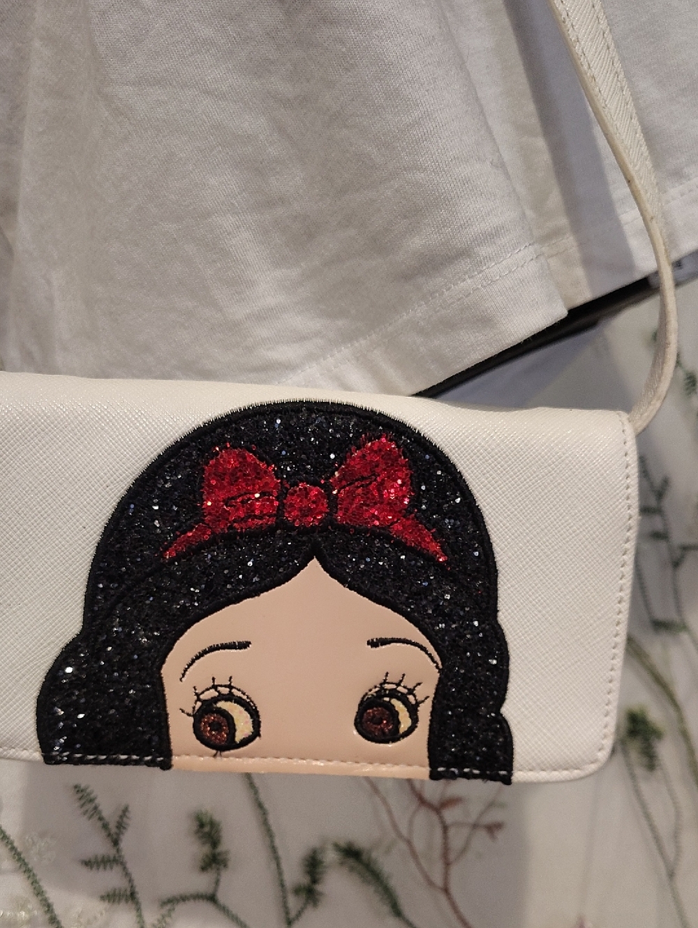 Charming Snow White Crossbody Bag with Red Bow Character Accent Danielle Nicole